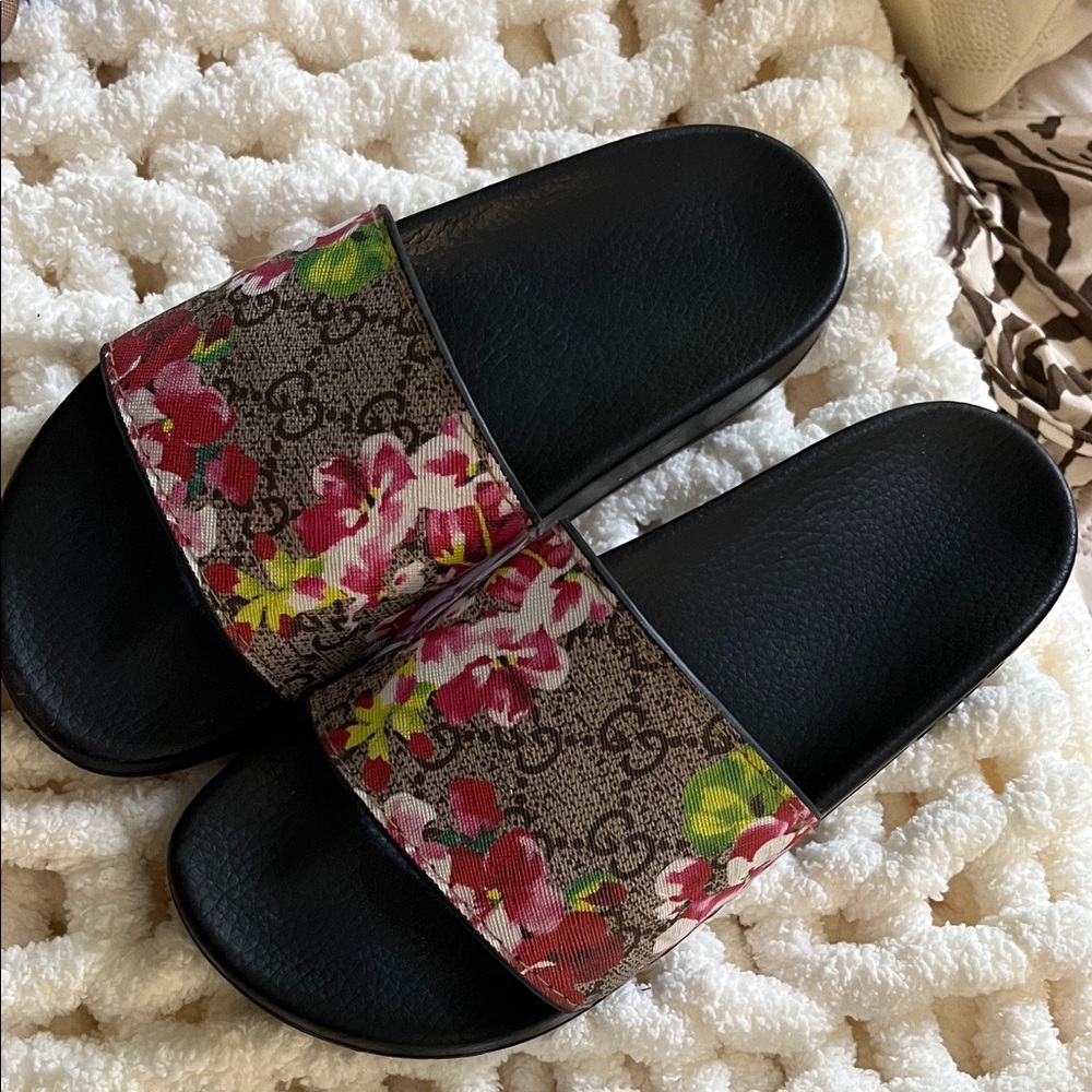 Floral Black Slide Sandals